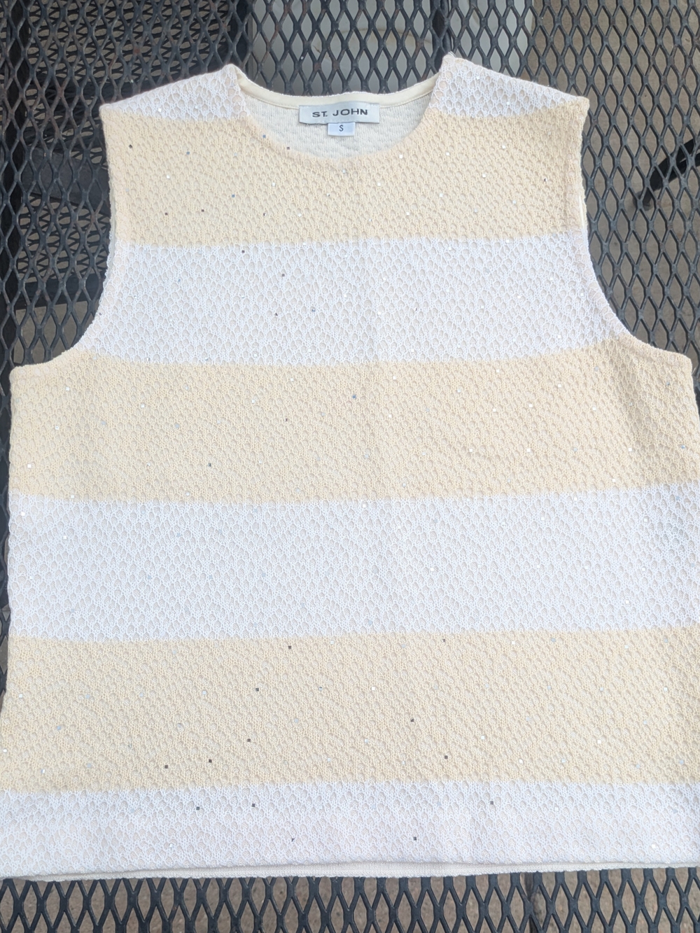 St. John Cream and White Striped Knit Sleeveless Sweater